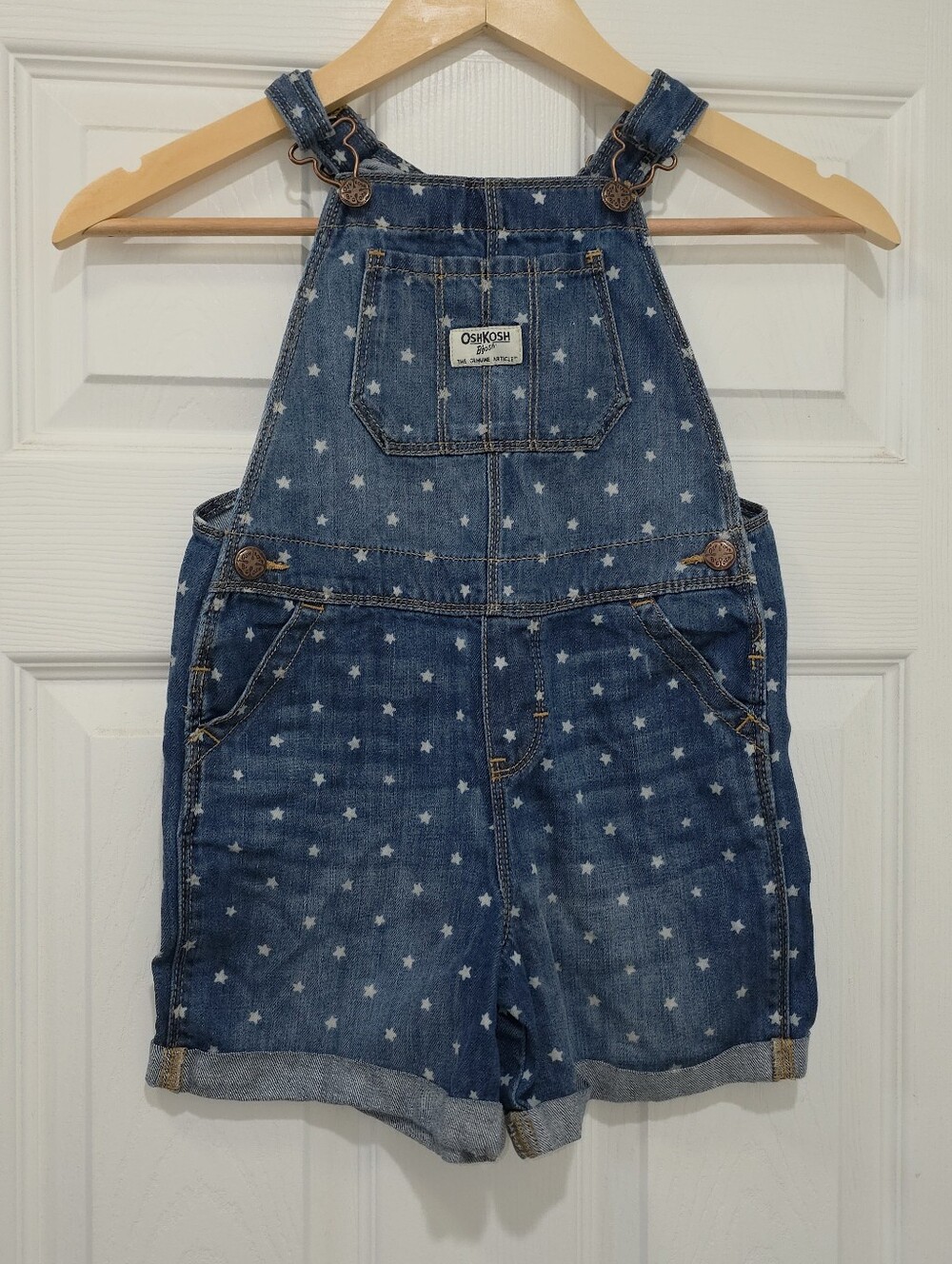 OshKosh B'gosh Girls' Blue Star Print Denim Short Overalls, Size 5T